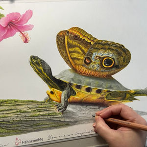 borboleta com asas em cima de tronco e cheirando uma flor. Composição surrealista