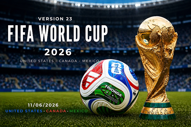 FIFA World Cup trophy and official match ball inside a stadium promoting Houston World Cup watch parties.