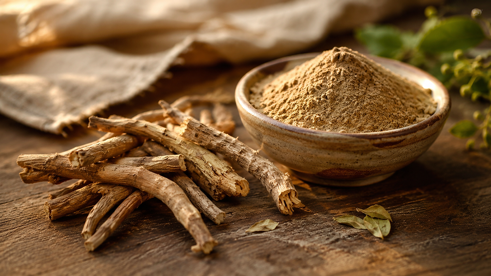 Ashwagandha root powder and dried root pieces on a wooden surface, representing the adaptogenic herb used in perimenopause research - from Vibrance Way