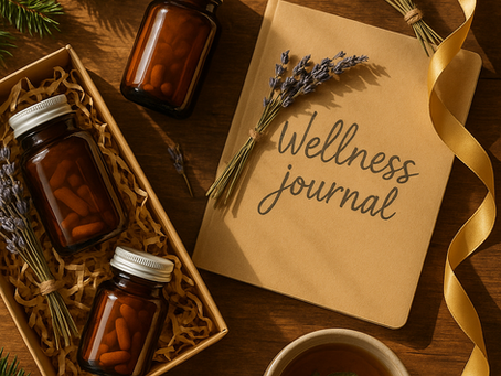 Brown bottles of herbs, wellness journal, lavender, and tea on a wooden table. Gold ribbon and pine add a calm, natural mood.  showing the Top Hormone Balance Christmas Gifts 2025: Best Natural Supplements for Mental Health & Adaptogen Kits