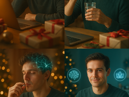 A cinematic 10-second scene showing a person's transformation from brain fog to mental clarity during the holiday season. Opens with a close-up of a stressed individual at a cluttered desk surrounded by holiday decorations, gift wrap, and glowing laptop screen, their expression tired and unfocused with soft motion blur suggesting mental haze. Camera slowly pulls back as warm golden light begins to filter in. Mid-scene transition: the person takes a supplement capsule with water, and visual effects show gentle, ethereal neural networks lighting up in translucent overlay around their head - synapses firing in soft blue and green bioluminescent patterns. Final frame: the same person now radiating calm confidence, sharp-eyed and smiling, effortlessly organizing holiday tasks as floating holographic icons of clarity (brain symbol, energy bolt, zen lotus) materialize around them. Background shifts from chaotic warm tones to cool, organized blues and greens. Aesthetic: 
