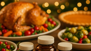 Vibrant holiday table overflowing with festive foods—roasted turkey, colorful vegetables, pumpkin pie—with glowing probiotic supplement bottles arranged artistically in foreground. Warm golden lighting, cozy Christmas atmosphere, soft focus background with twinkling lights. Text overlay: 'Beat Holiday Bloating' in elegant green script. Health and wellness aesthetic,