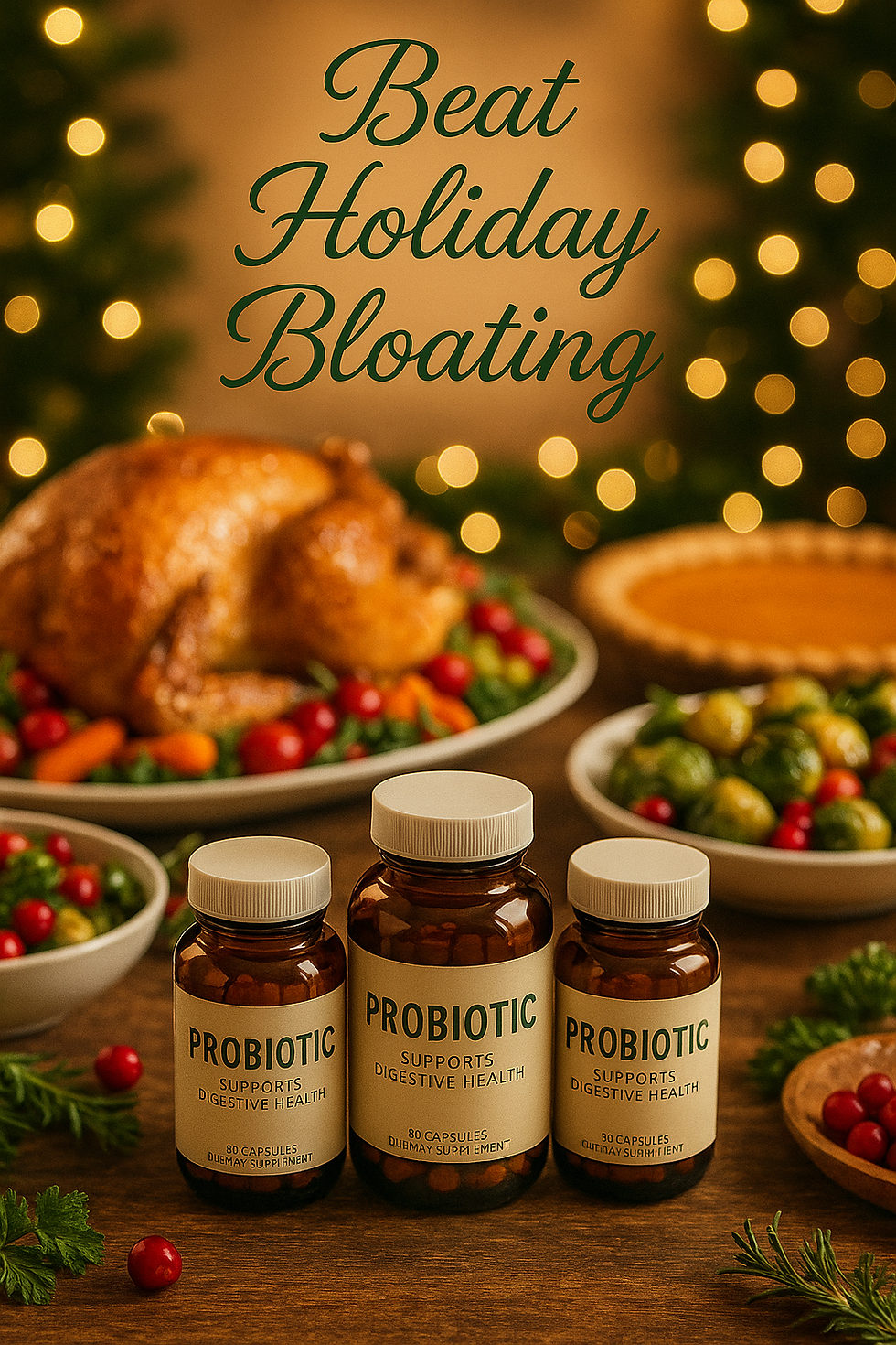 Vibrant holiday table overflowing with festive foods—roasted turkey, colorful vegetables, pumpkin pie—with glowing probiotic supplement bottles arranged artistically in foreground. Warm golden lighting, cozy Christmas atmosphere, soft focus background with twinkling lights. Text overlay: 'Beat Holiday Bloating' in elegant green script. Health and wellness aesthetic,