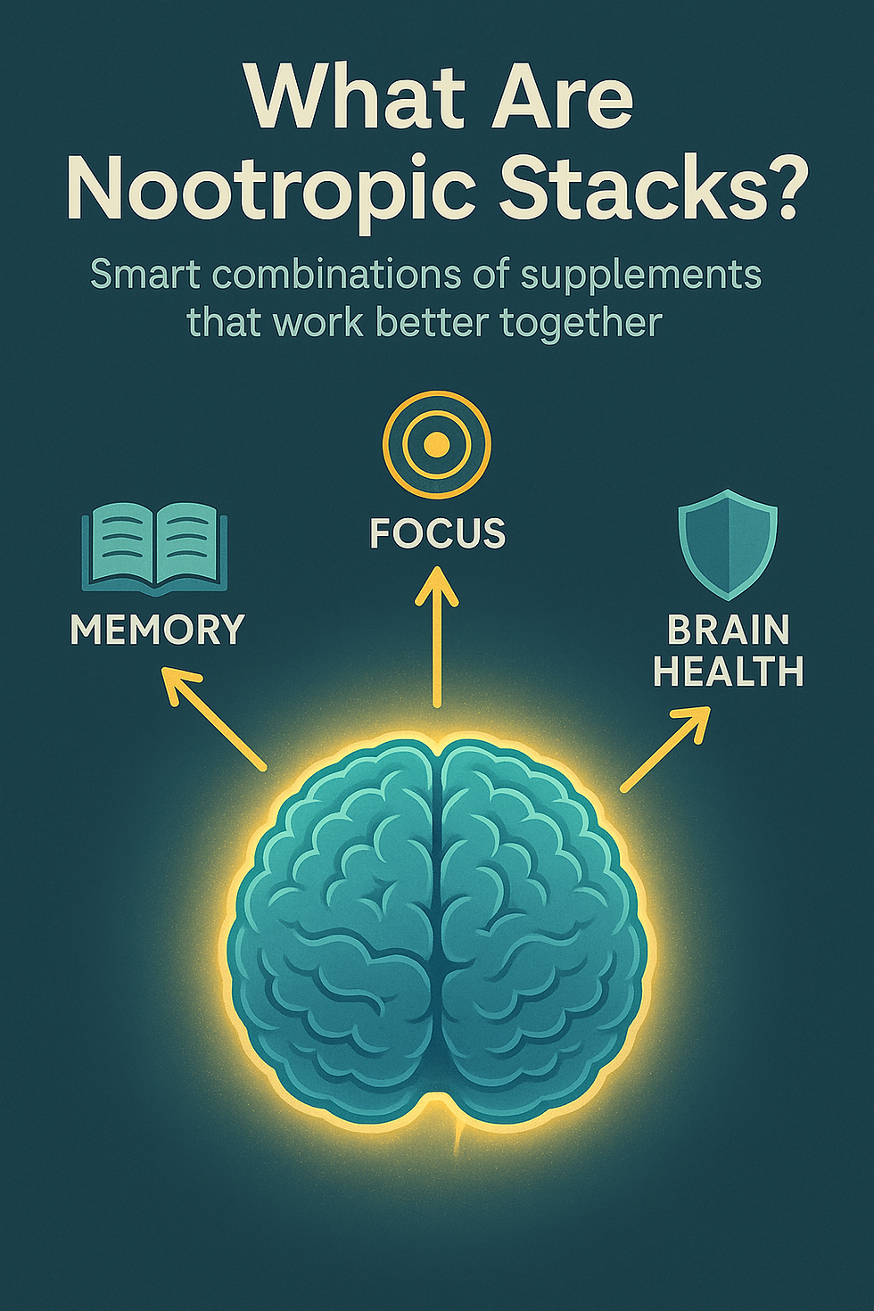 Blue brain illustration with arrows pointing to icons labeled "Memory," "Focus," "Brain Health." Text: "What Are Nootropic Stacks?" on dark teal.