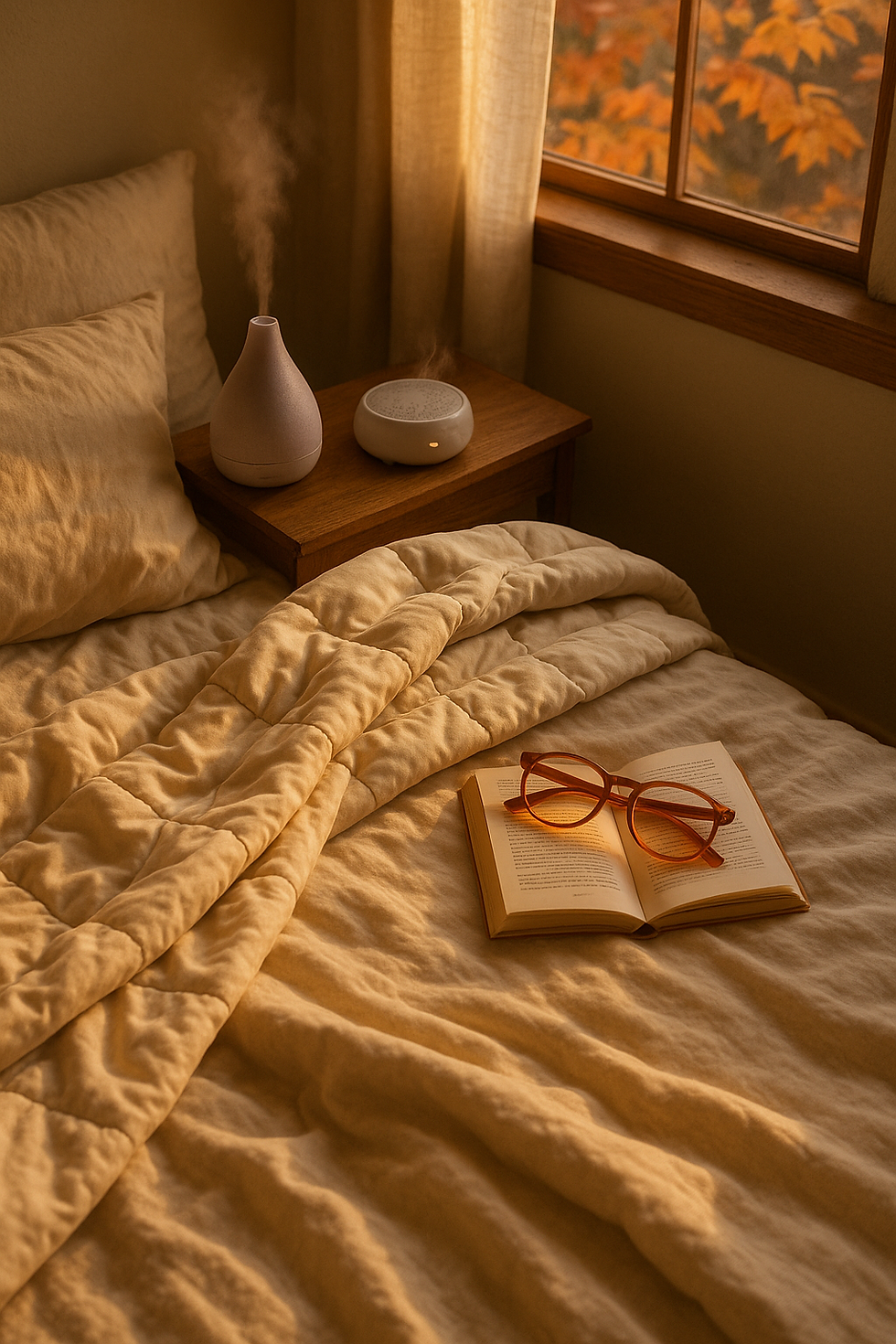 Cozy bedroom with a beige comforter, open book, and glasses. A diffuser emits mist on a wooden nightstand by a window showing autumn leaves.