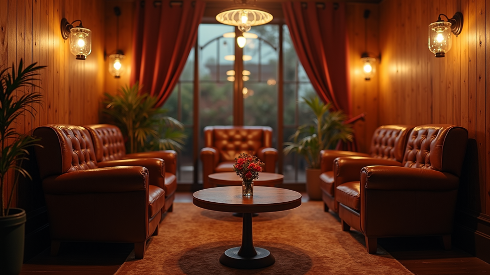 Eye-level view of a stylish pop-up cigar lounge setup with leather chairs and wooden tables