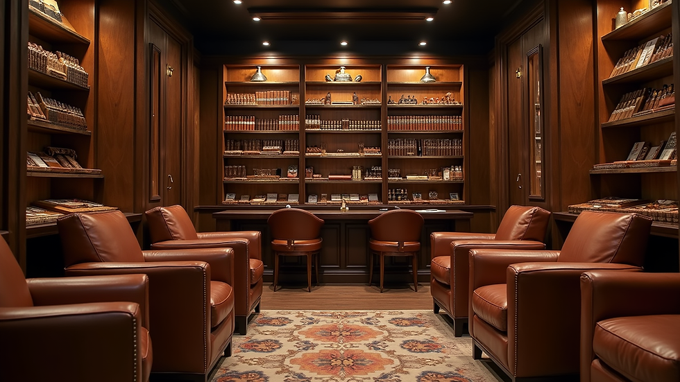 Eye-level view of a cigar lounge with leather chairs and wooden shelves filled with cigars