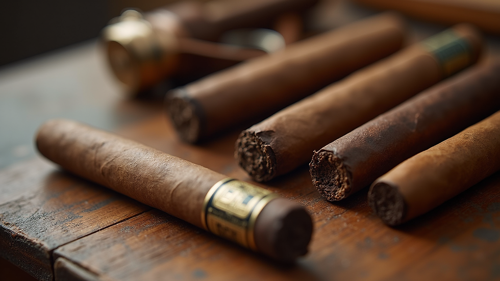 Close-up view of premium cigars arranged on a wooden table with a leather-bound cigar cutter