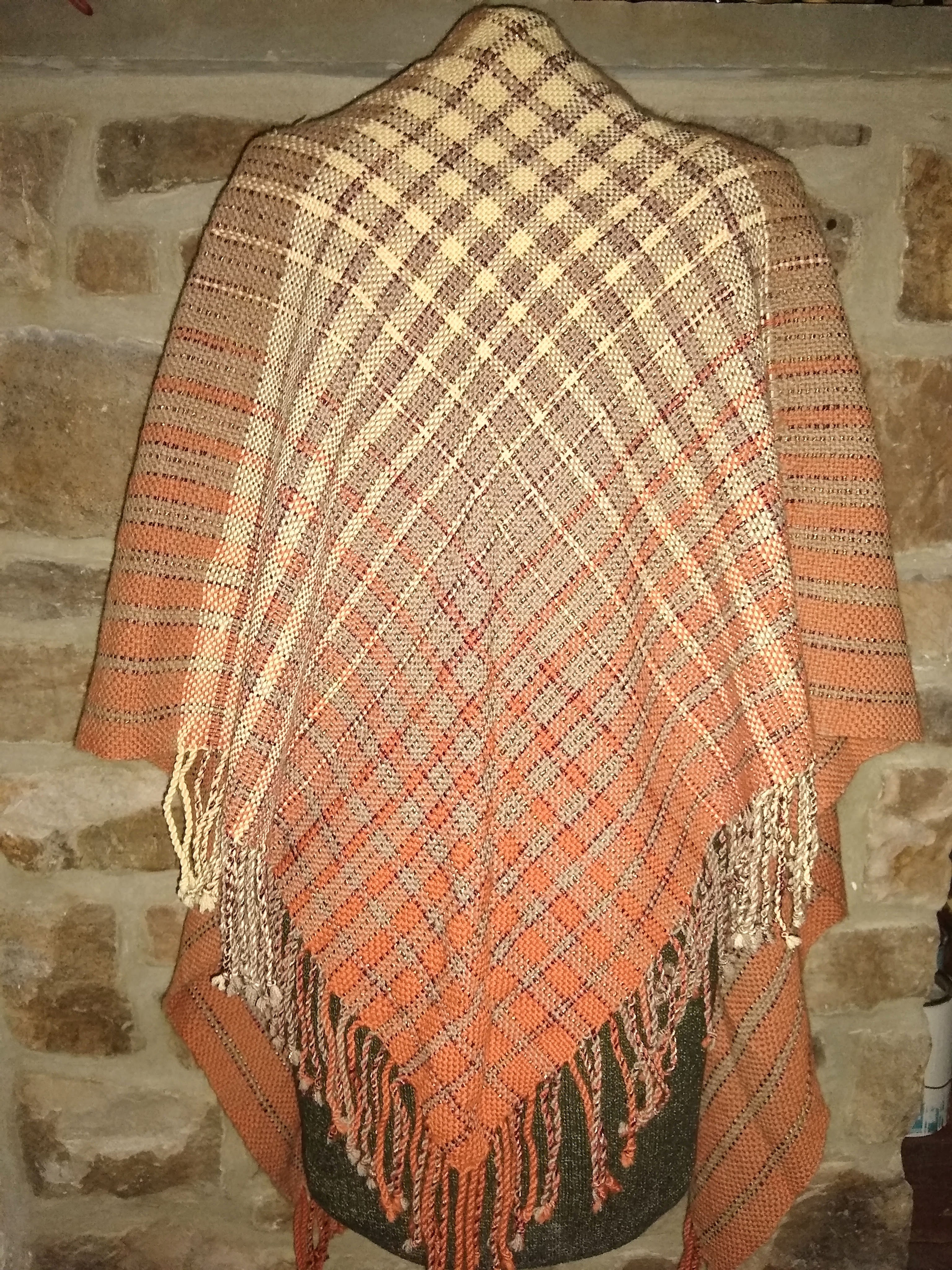 Striped V-Shawl, buff, brown and orange
