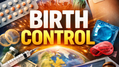 Birth control items like pills, condoms, IUD, patches, syringe, and diaphragms surround a globe, with protest signs and Planned Parenthood.