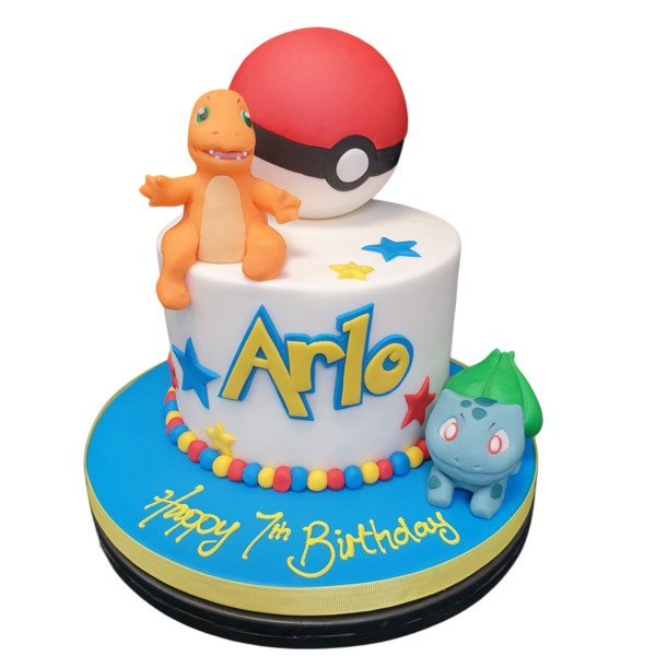 Adorable Pokémon cake featuring Charmander and Bulbasaur characters, perfect for a themed celebration. Handcrafted with intricate details and vibrant colors.