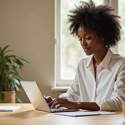 Conversation partner working on a laptop at a desk.