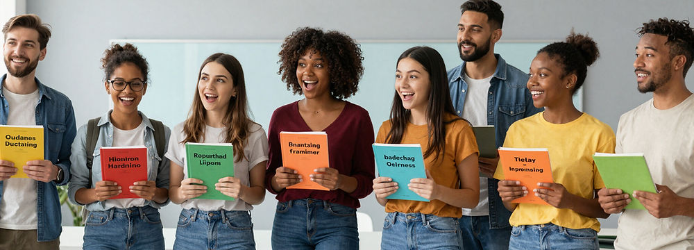 Diverse conversation partners group holding colorful notebooks