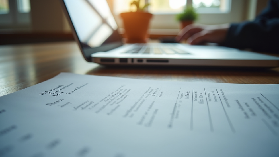 Eye-level view of a desk with a laptop and translation documents