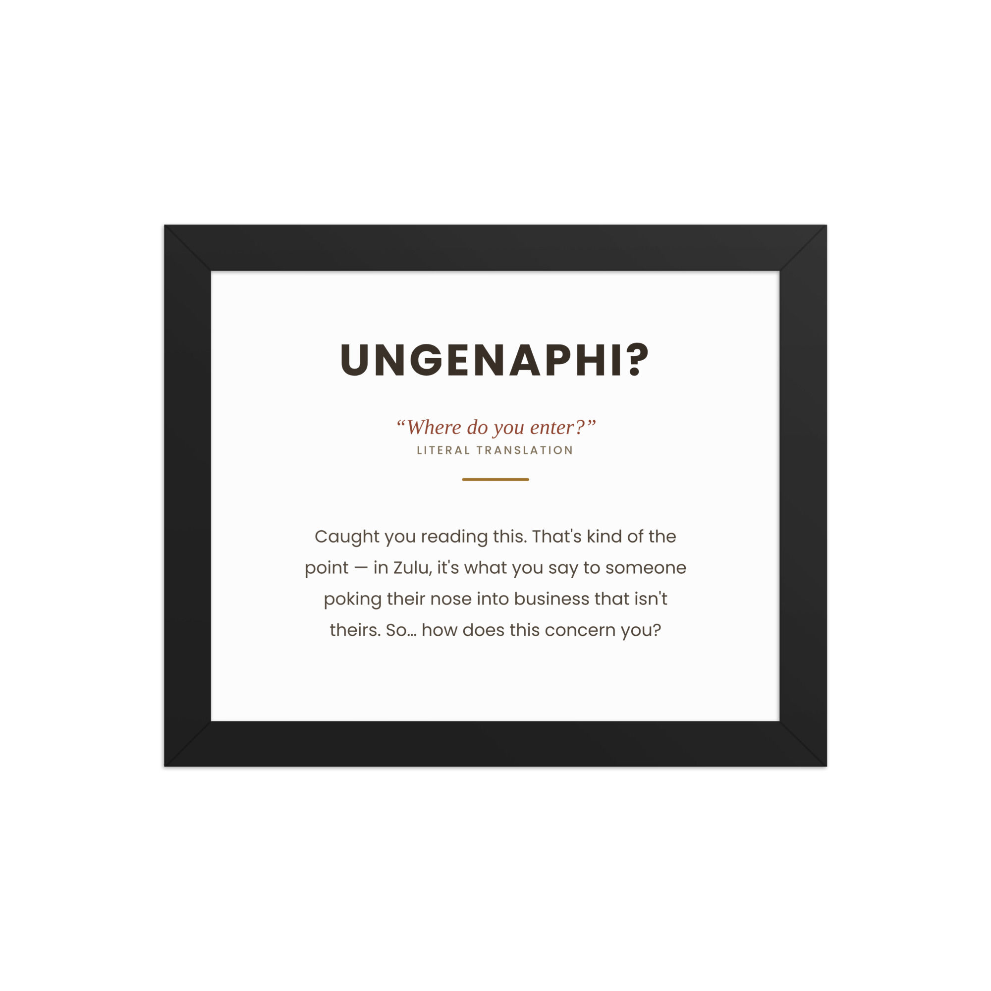 Framed poster with Zulu phrase Ungenaphi and its meaning