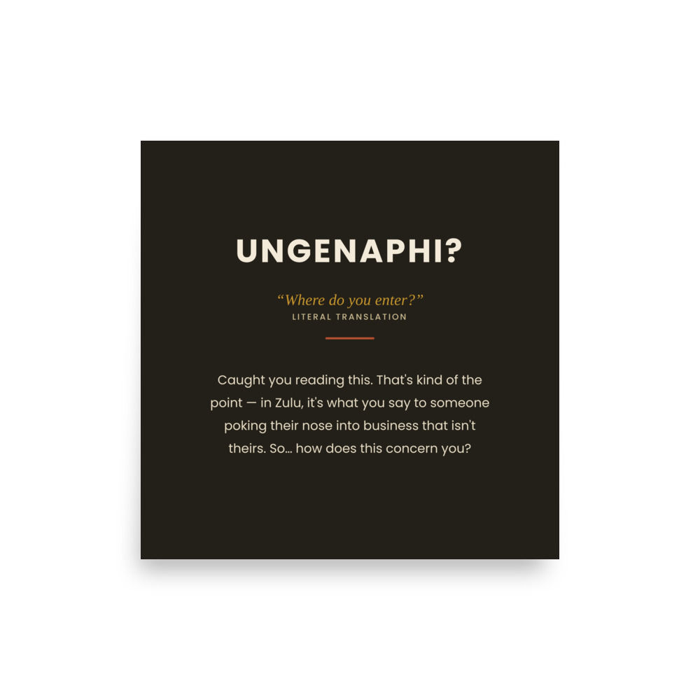 Poster with Zulu phrase Ungenaphi? and its meaning.