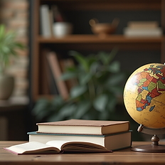 World globe and stacked books on a wooden desk.