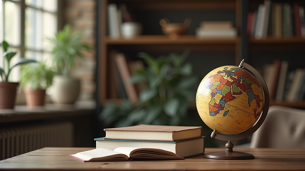 Eye-level view of a cozy language learning space with books and a globe