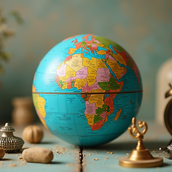 Globe with an alarm clock for monthly language lessons.