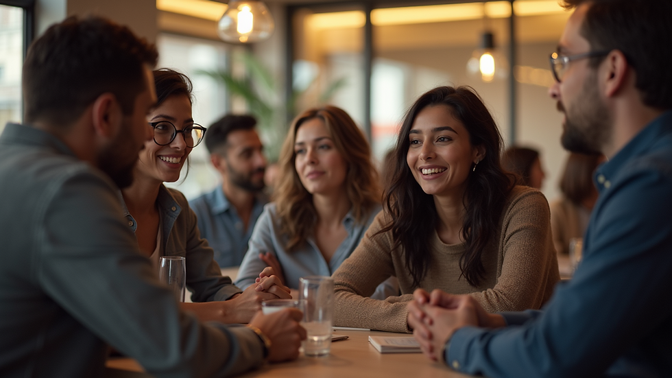 Eye-level view of a diverse group of people engaged in conversation