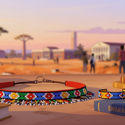 Beaded African jewelry and language books on a table.