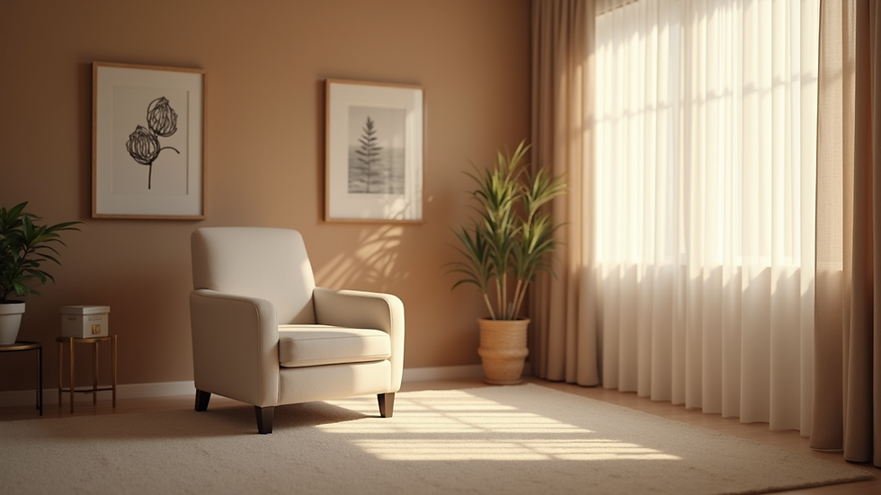 Eye-level view of a cozy therapy room with a comfortable chair and soft lighting