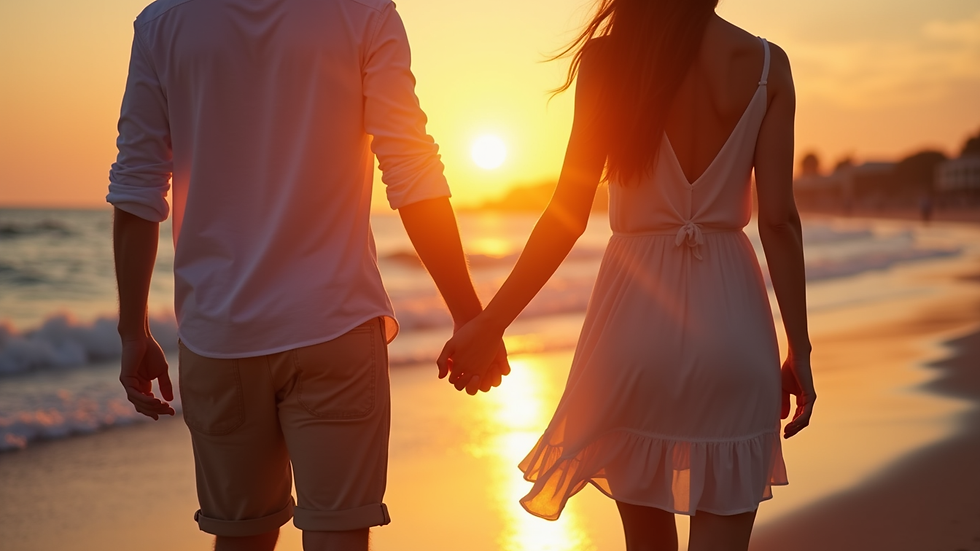 Close-up view of a couple holding hands on a beach at sunset