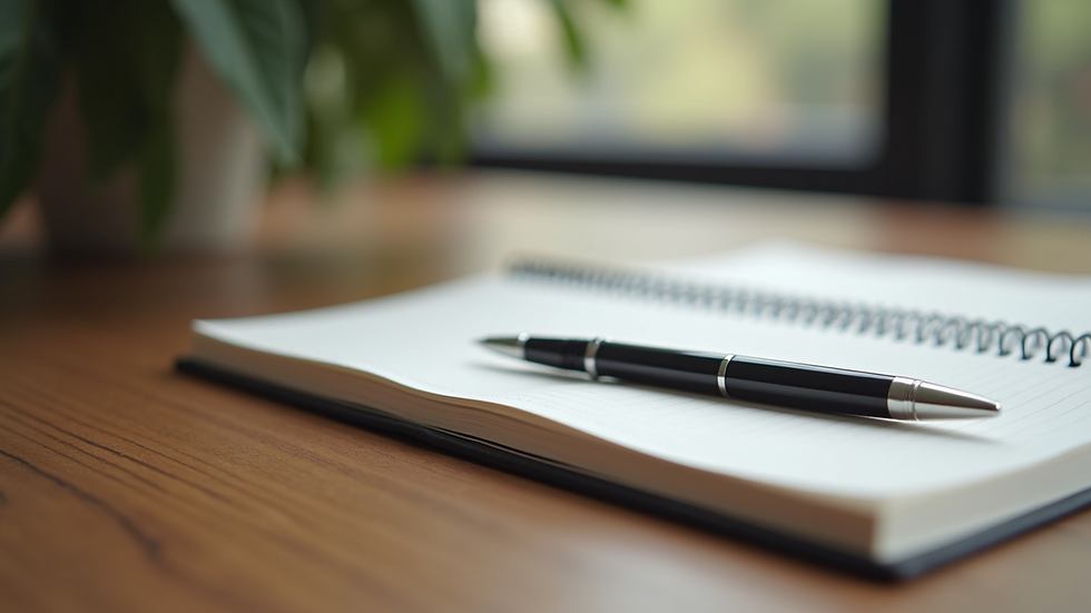 Close-up view of a journal and pen on a wooden table, symbolizing self-reflection and growth