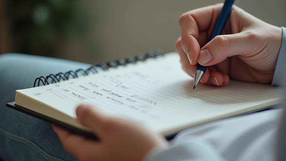 Close-up view of a therapist’s hand holding a notebook with therapy notes
