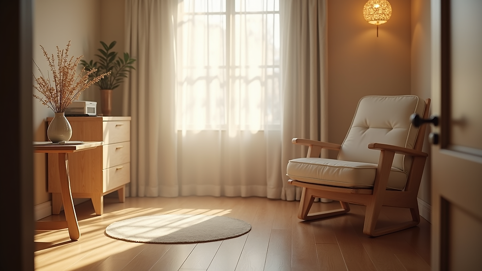 Eye-level view of a cozy therapy room with a comfortable chair and soft lighting