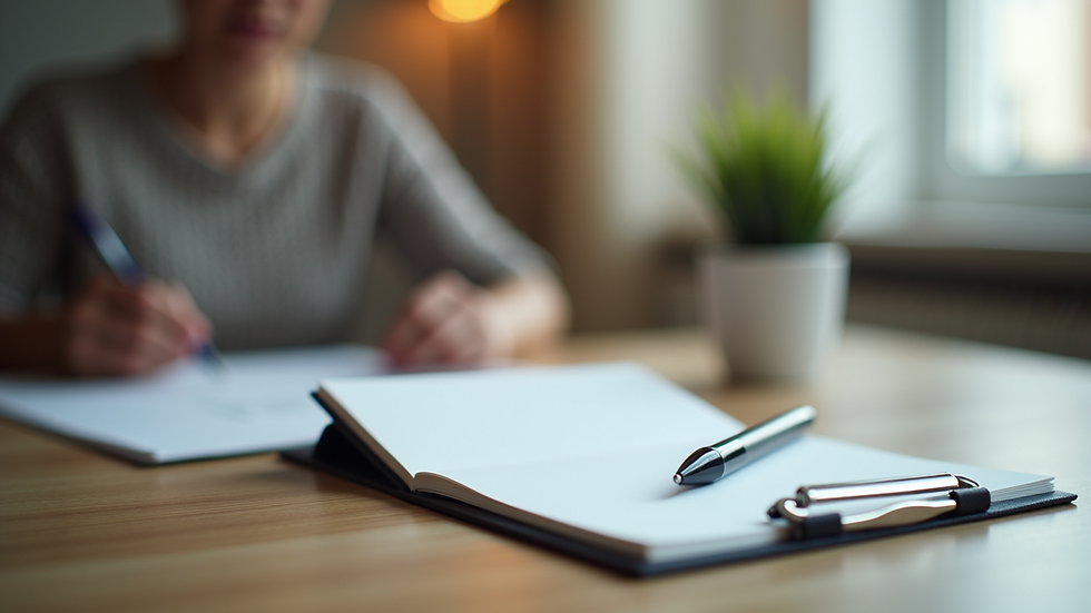 Close-up view of a therapist’s office with a notepad and pen ready for a session