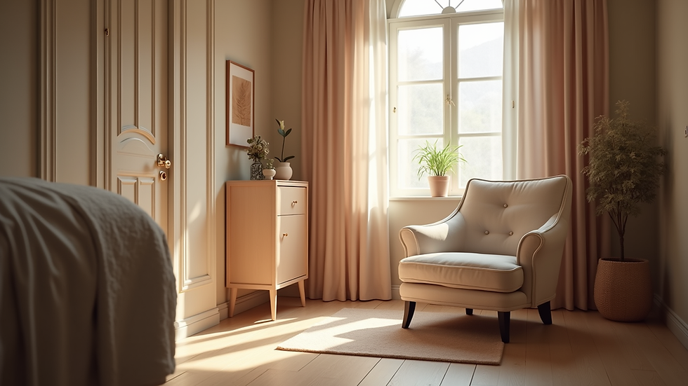 Eye-level view of a cozy therapy room with a comfortable chair and soft lighting