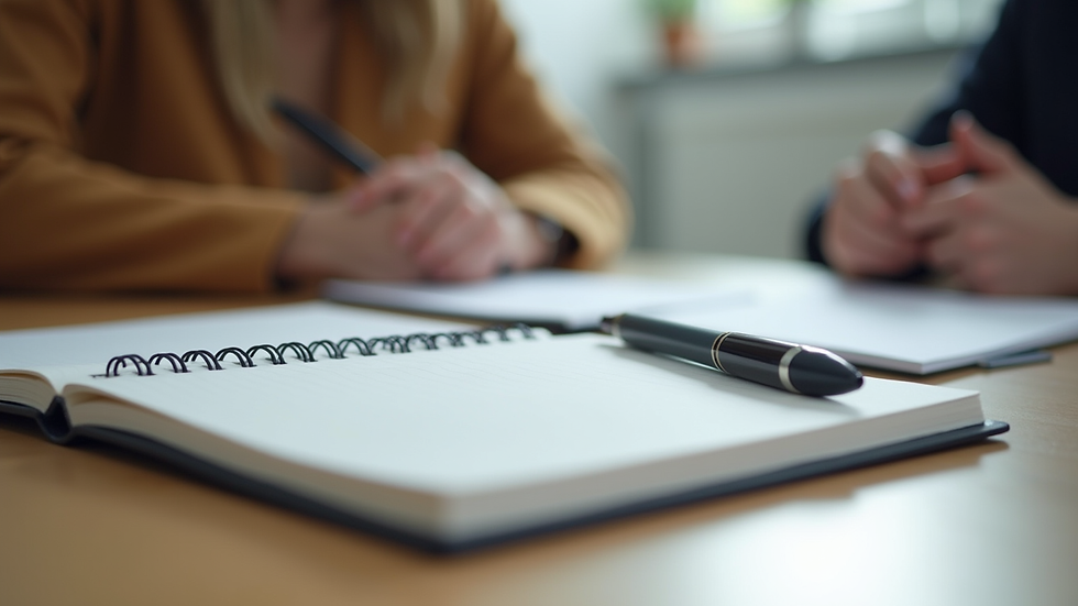 Close-up view of a notebook and pen on a table during a therapy session