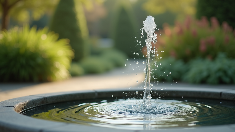 Close-up view of a calm water fountain in a therapy center garden
