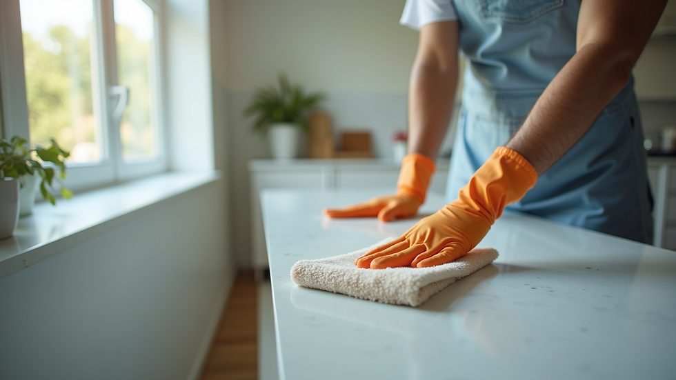 high angle view of a professional cleaner wiping a kitchen countertop