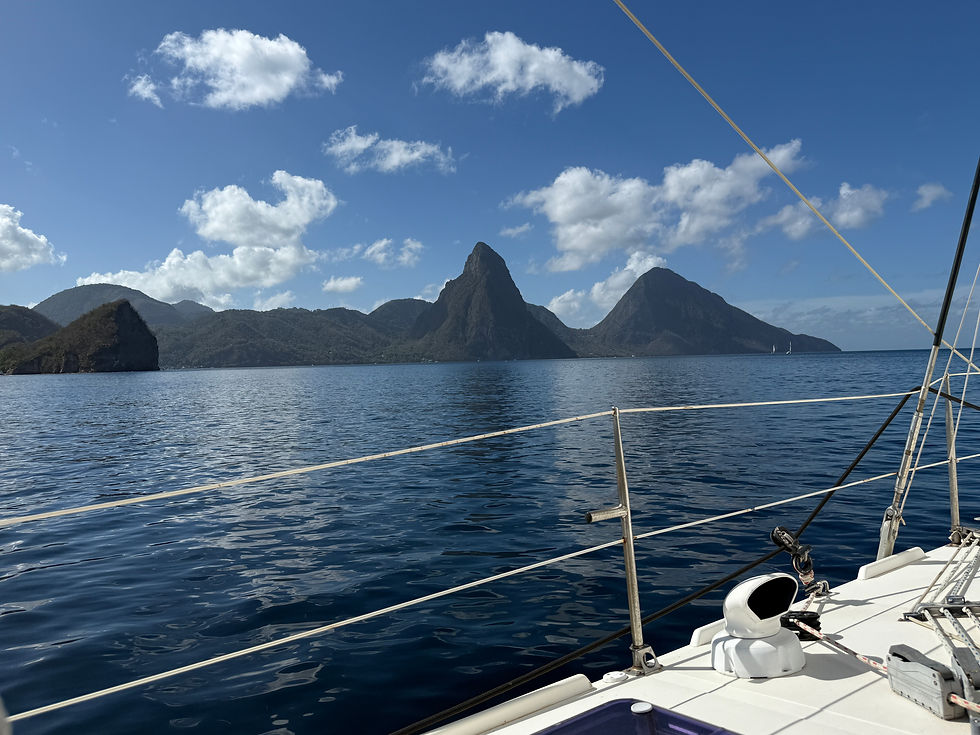 The Pitons of the island of Saint Lucia viewed from a sailboat.
