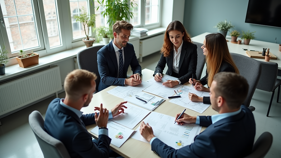 High angle view of a business team collaborating on a project in a bright office