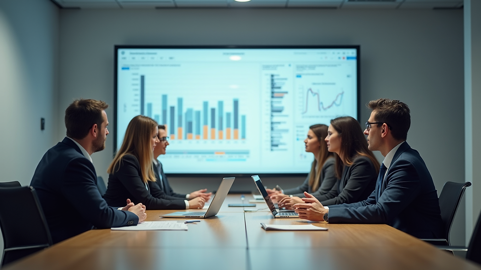 Eye-level view of a modern office meeting room with a team discussing performance charts