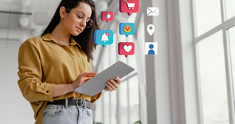 Professional using tablet with social media icons