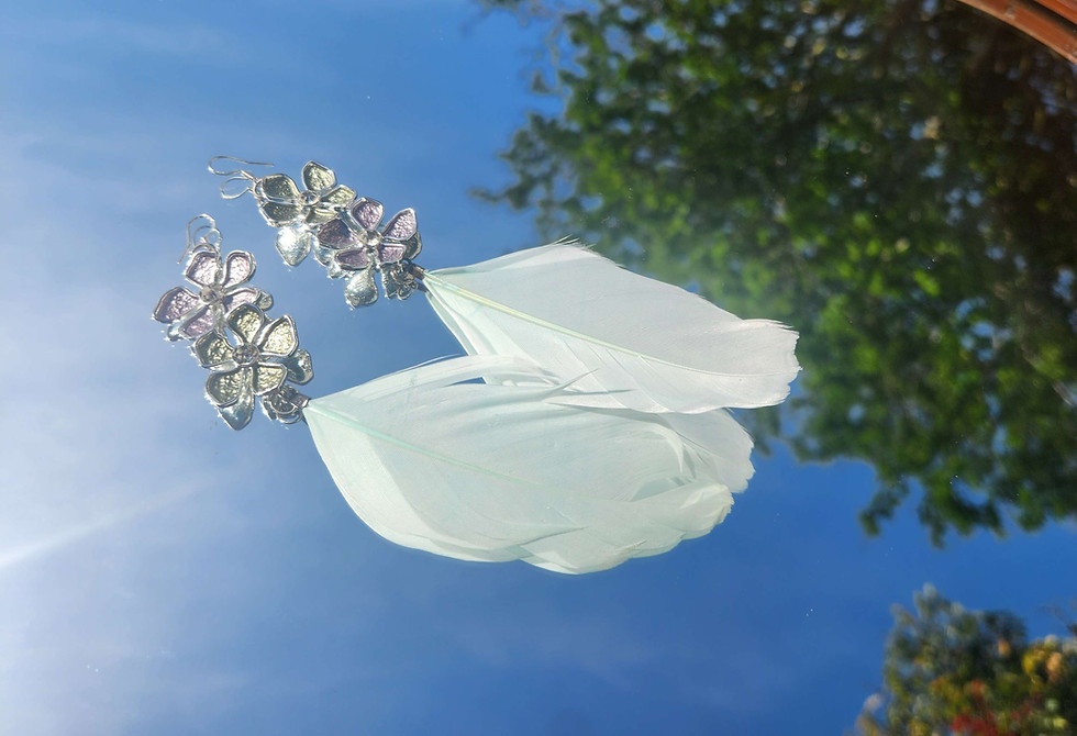 Thumbnail: Flower and pastel green Feather earrings 