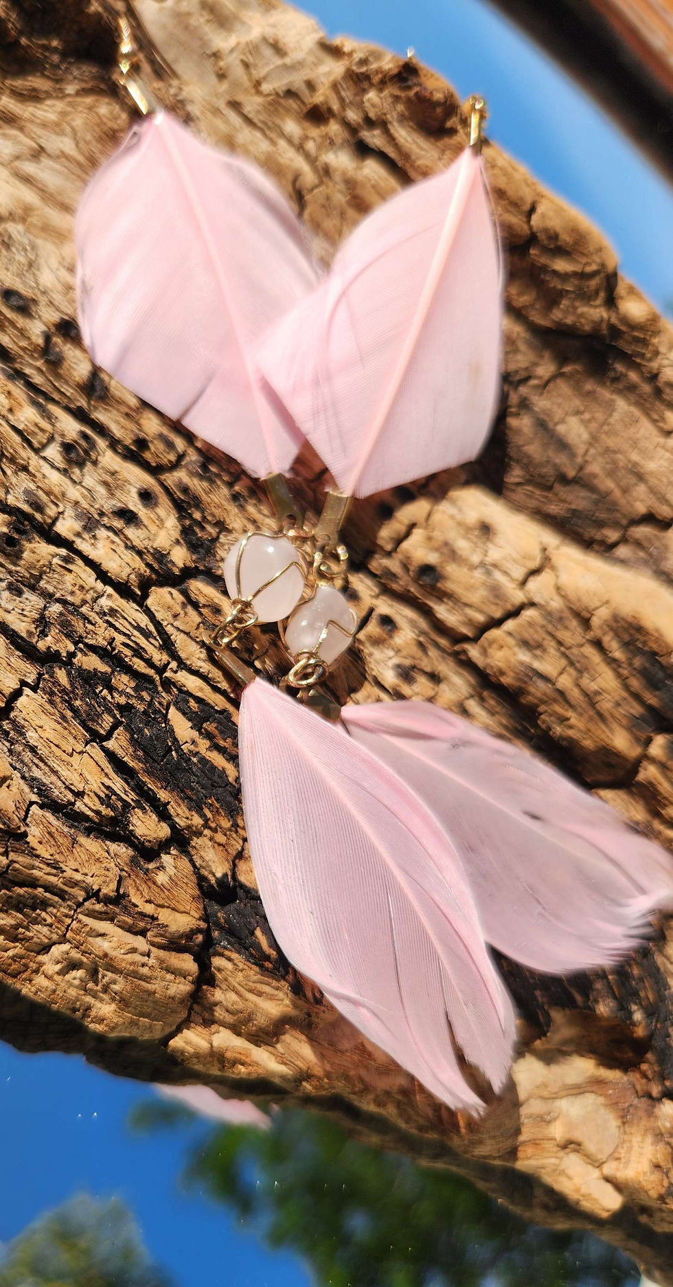 Thumbnail: Rose Quartz and pastel pink Feather earrings 