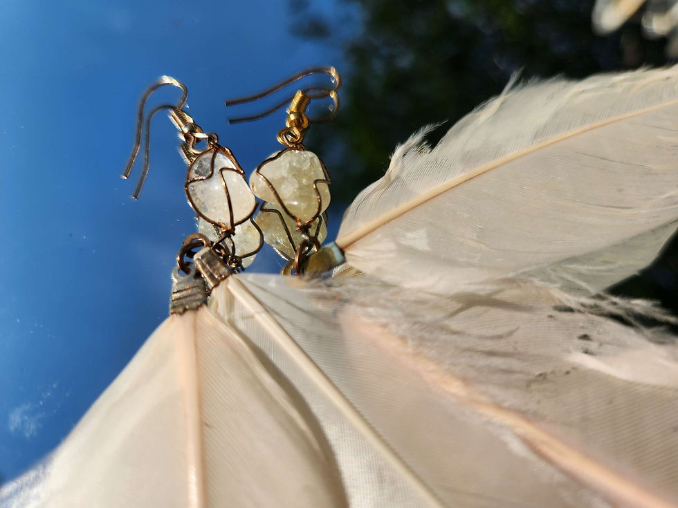 Thumbnail: Wire wrapped Citrine crystal and pastel Feather earrings 