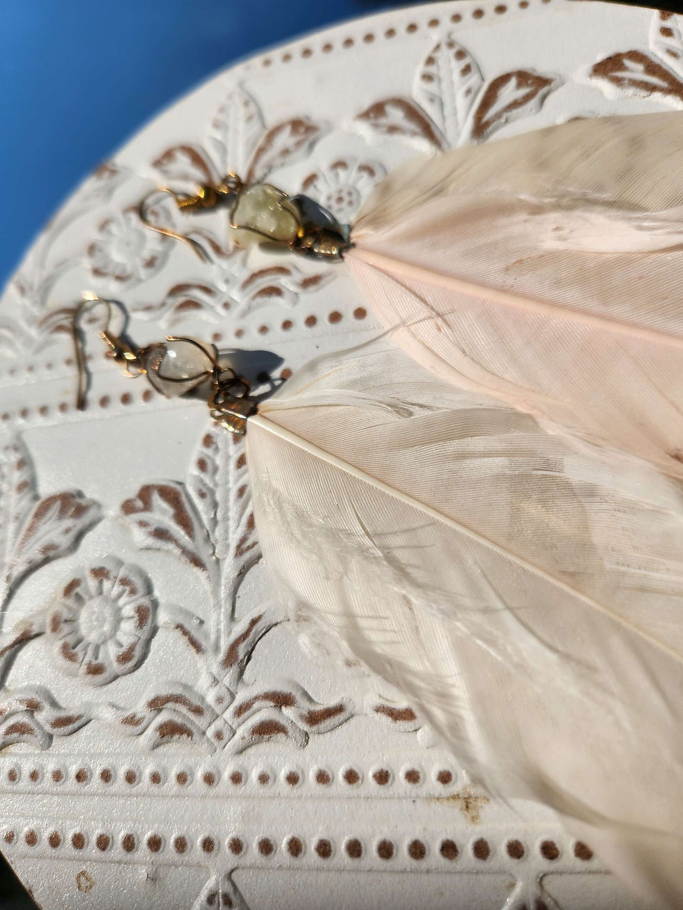 Thumbnail: Wire wrapped Citrine crystal and pastel Feather earrings 