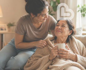 A woman in her 40s sits beside her older mother on a living room sofa, smiling warmly as they share a quiet moment together. Soft natural light fills the room, creating a sense of comfort, connection, and care.