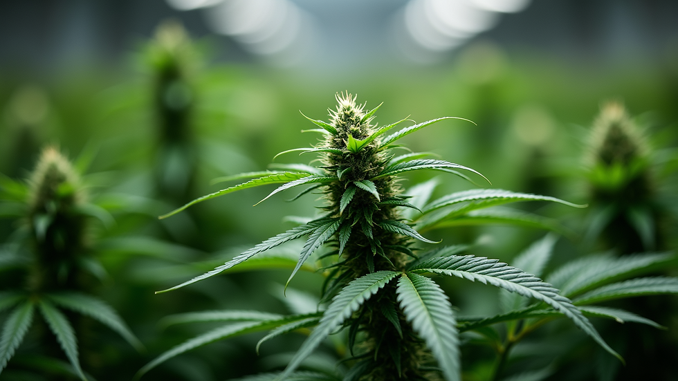 Eye-level view of a cannabis plant growing indoors