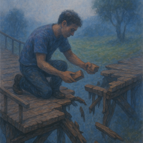 A digital painting of a man kneeling on a broken wooden bridge in a misty blue landscape. He holds two planks of wood in his hands, reaching toward the shattered gap in front of him as if to begin repairing it. Behind him, the foggy scene includes soft green grass and a faint outline of trees. The atmosphere feels quiet and introspective, evoking the effort to rebuild connections and restore belonging.