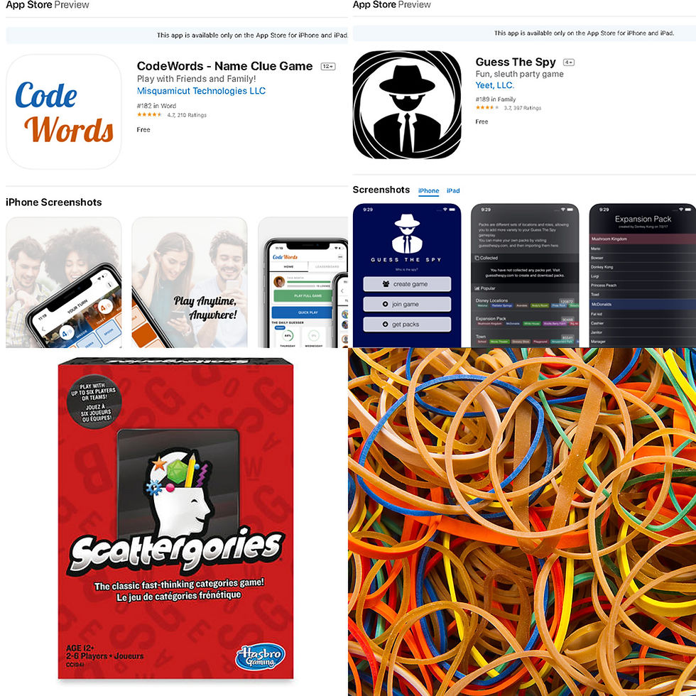 the esplanade shop, birthday, games for friends, games for family, cupcake, celebration, facetime, party, March, April, May, Coronavirus, Covid-19, CodeWords, name clude game, guess the spy, scattergories, card games, family games, rubber bands, challenge