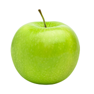 A vibrant green apple with a smooth surface, sitting on a white background. The apple's stem is visible, creating a fresh and crisp mood.