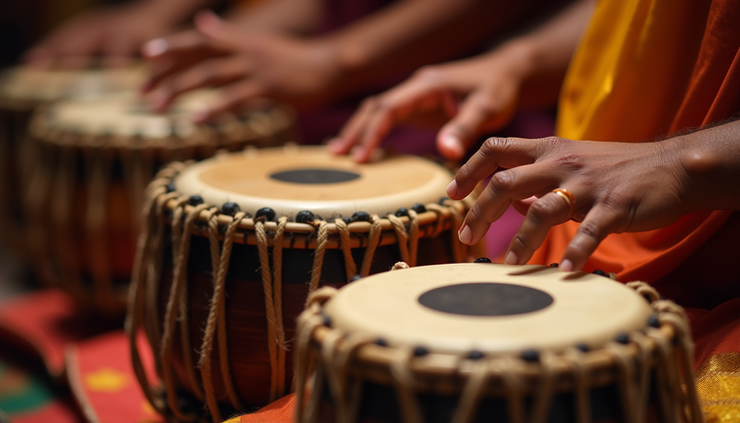 Close-up view of a musician’s hands playing the mridangam drum during a Carnatic concert