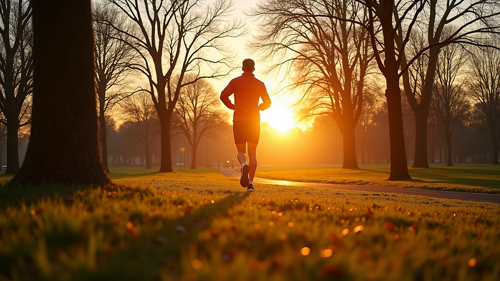 High angle view of a person jogging in a park during sunrise